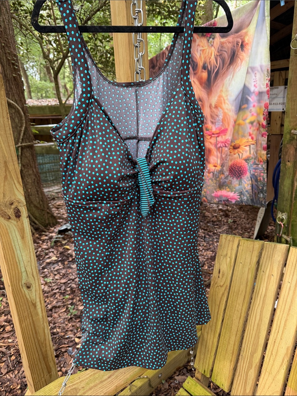 Polka Dot Tank One-Piece Swimsuit in Teal & Brown 26w plus w over skirt